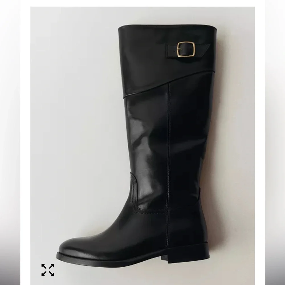 Mango Black Leather Tall Riding Boots with Buckle, new with tags